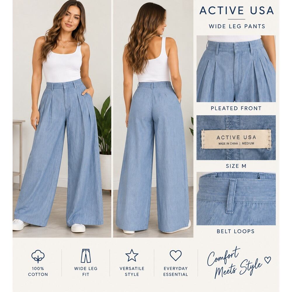 Active USA Womens M Blue 100% Cotton Pleated Wide Leg Pants High Waist
